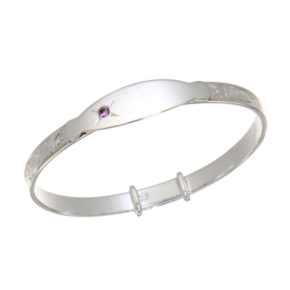 Sterling silver christening baby bangle with pink stone, adjustable fit - Eva Victoria jewellery Ireland